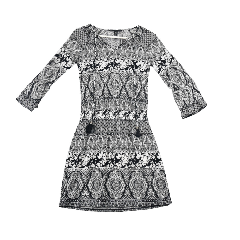White House Black Market Dress Women's 00 Black White Pom Poms Draw String Lined